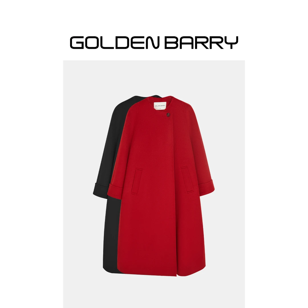 GOLDENBARRY|140066一粒扣圆领气质设计师轻奢简约带腰带长款大衣