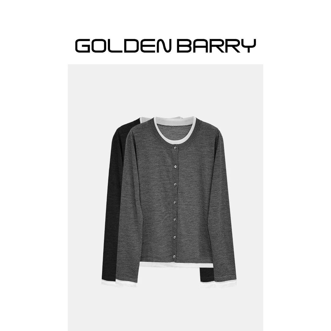 GOLDENBARRY|241168设计师时尚气质假两件撞色长袖圆领针织衫