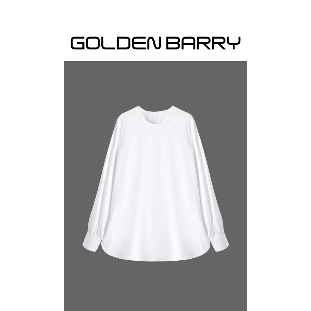 GOLDENBARRY|202388-1设计感显瘦百搭小众纯色拼接手缝线长袖T恤