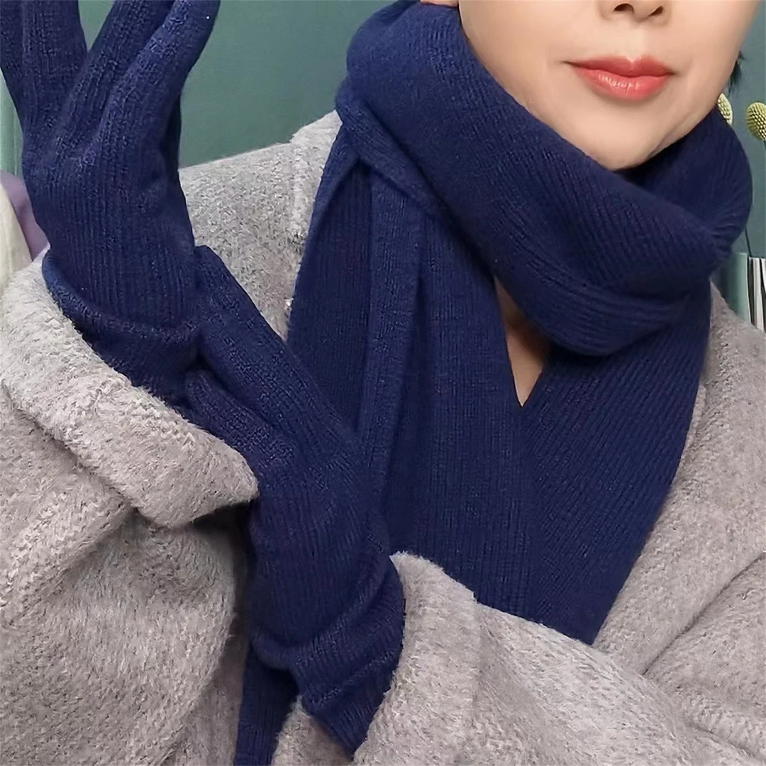 秋冬纯色针织羊毛围巾冬季手套套装（拇指有洞方便手机操作）