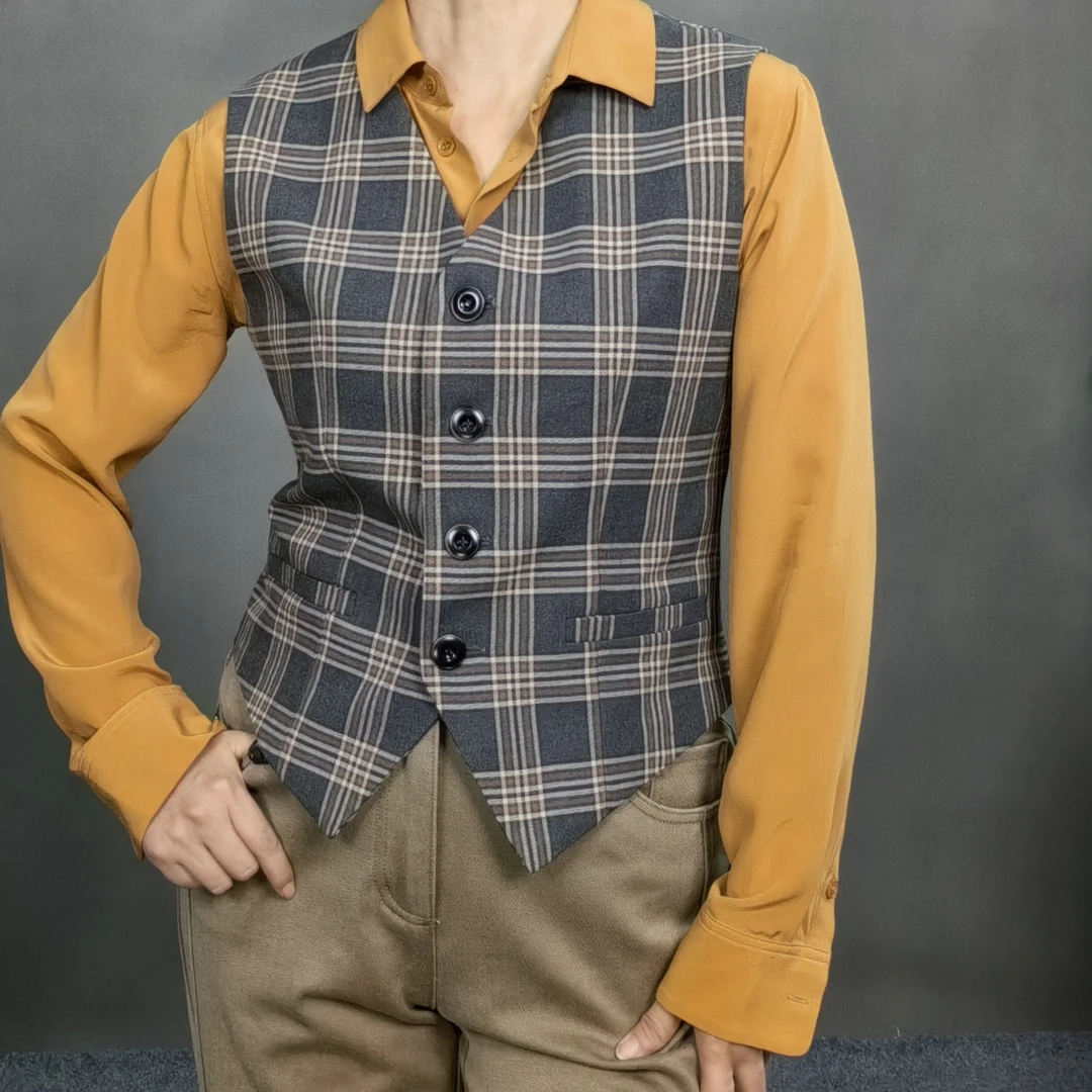 春秋新款马甲女士外穿复古格子修身遮肚叠穿短款无袖休闲英伦马夹