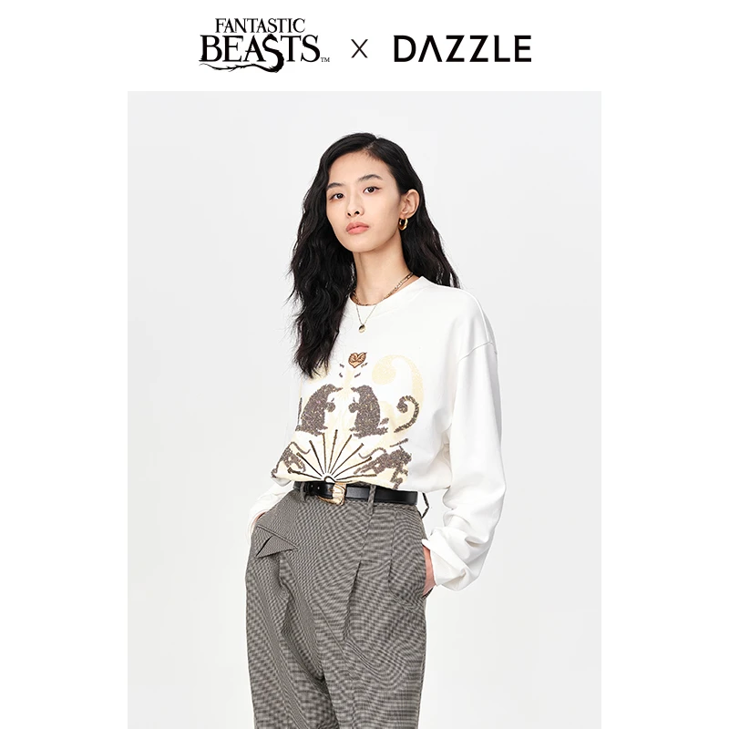 DAZZLE地素联名时尚钉珠刺绣白色春日休闲风宽松圆领卫衣2E3J189