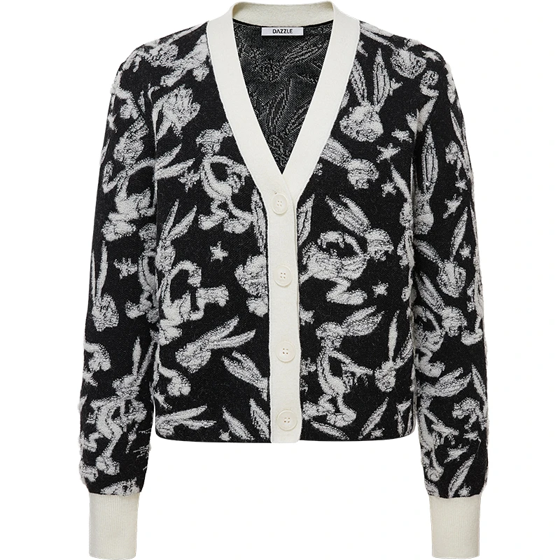 DAZZLE地素兔八哥联名时尚V领羊毛长袖混纺毛衣开衫上衣2H1E505