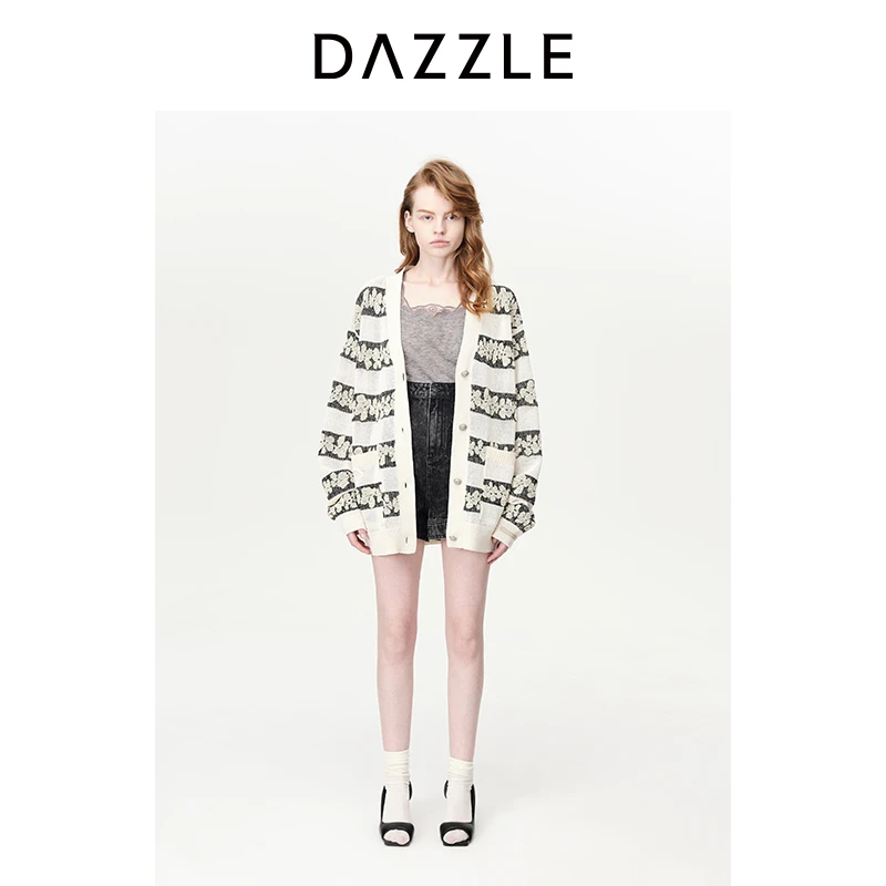 DAZZLE地素提花针织衫春秋钉珠工艺开衫外套女2H3E513