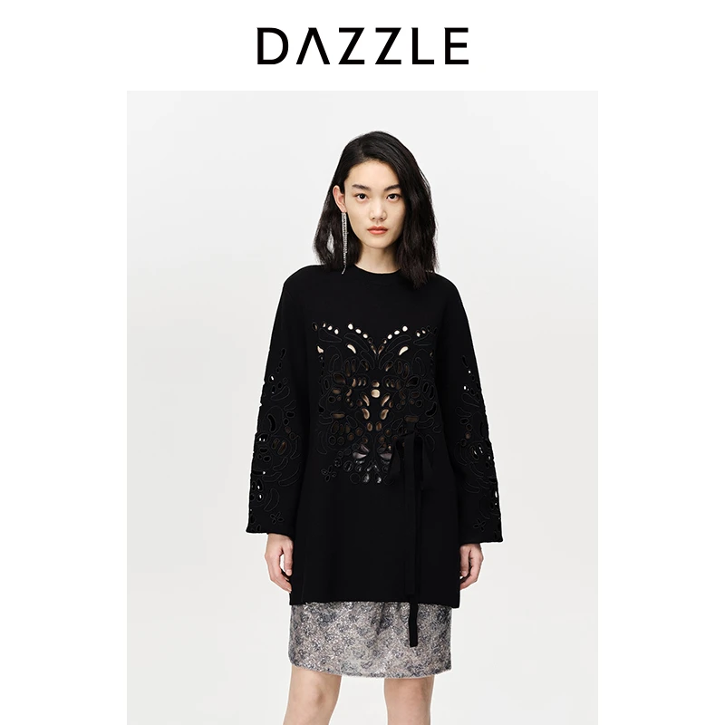 DAZZLE地素 圆领针织提花镂空刺绣【附抽绳】针织长袖连衣裙2E1E601