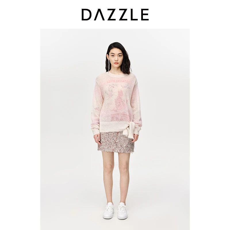 DAZZLE地素  春时尚通勤马海毛圆领套头针织衫薄款毛衣2E1E408