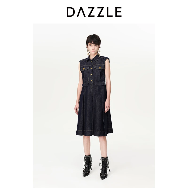 DAZZLE地素夏季牛仔休闲复古收腰A字百褶无袖连衣裙2H2RE07度假