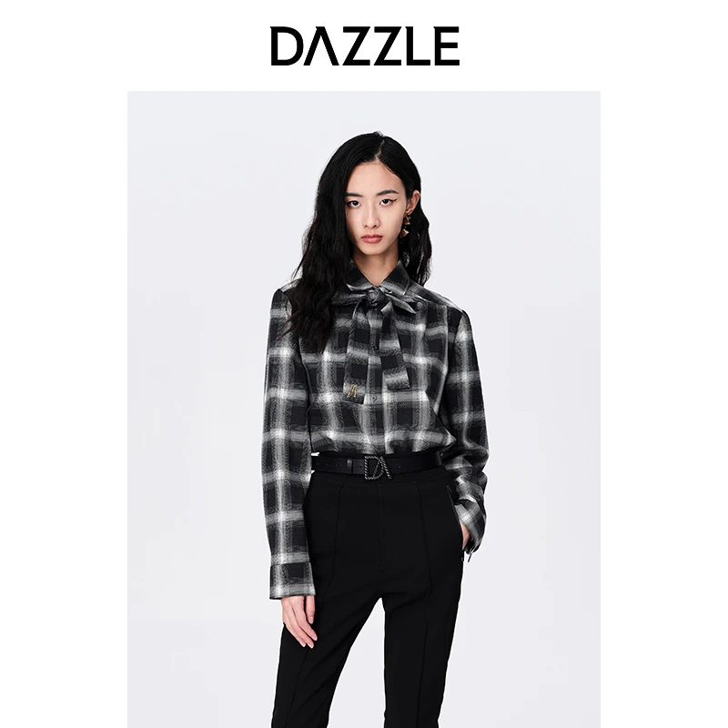 DAZZLE地素春季黑白复古格纹蝴蝶结系带格子内搭长袖上衣2E4C425