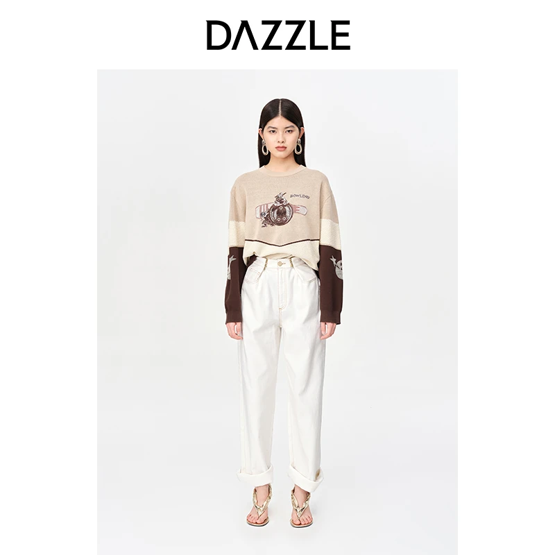 DAZZLE地素 美式休闲复古长袖撞色提花刺绣圆领套头针织衫2E3E420