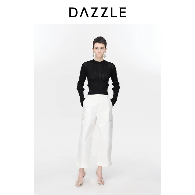DAZZLE地素白色休闲裤春秋美式高腰工装风长裤女2H1R605
