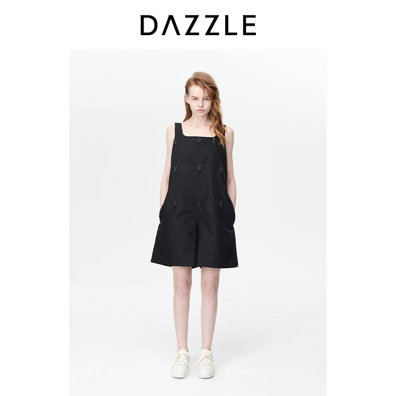 DAZZLE地素花朵连体裤立体小花装饰黑色吊带背心裤短裤女2H3P405