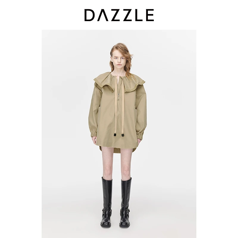 DAZZLE地素休闲套头春老钱风荷叶领系带卡其色外套女2H3F903