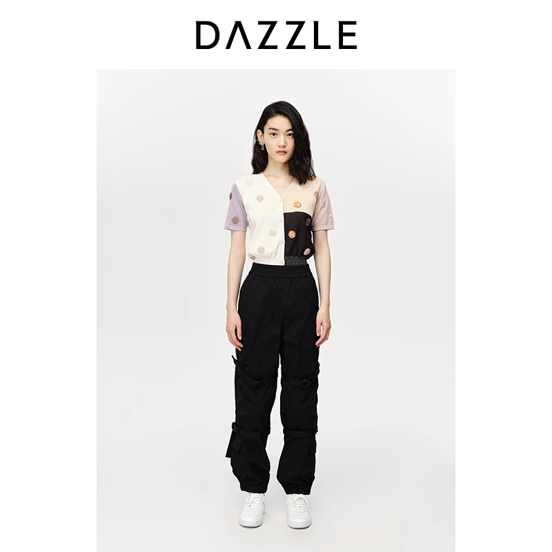DAZZLE地素 夏装法式小众刺绣拼接撞色短袖针织开衫外套2E2E514