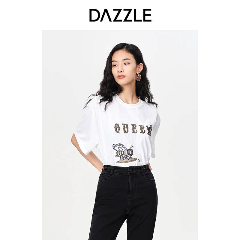 DAZZLE地素 时尚休闲小众纯棉刺绣印花短袖白色T恤上衣女2E3B313