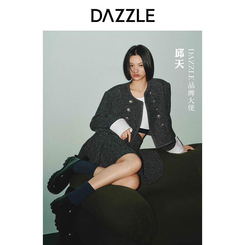 邱天同款DAZZLE地素 时尚粗花呢小香风廓形短款夹克外套女2E4F435