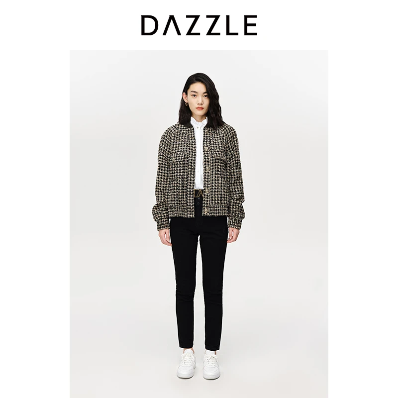 DAZZLE地素 秋冬时尚休闲复古粗花呢小香风棒球服夹克外套2E1F436