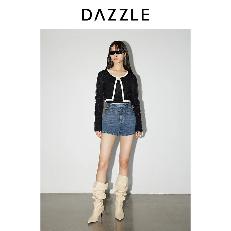 【刘雯同款】DAZZLE地素 牛仔裤春秋女装马衔扣设计短裤2I1R120