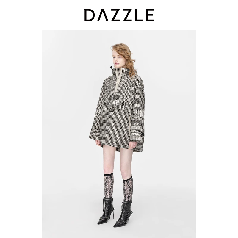 【下架】DAZZLE地素套头宽松外套春老钱风复古千鸟格短外套女2H3F90