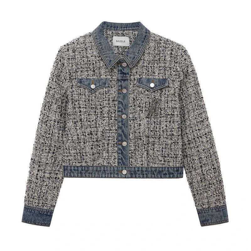【下架】DAZZLE地素粗花呢外套牛仔拼接（附胸针）千金风2H3F425