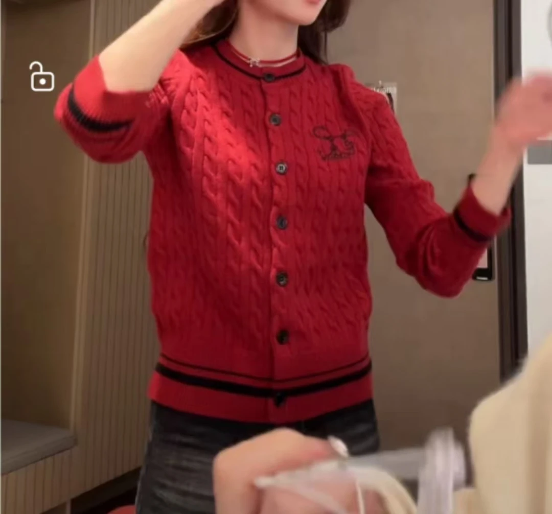 单绣稚气美高复古慵懒刺绣麻花开衫毛衣外套女修身内搭针织上衣