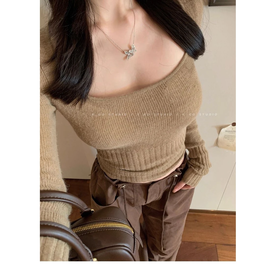 新款爆款加绒方领纯色修身内搭百搭打底衫毛衣女秋冬季针织衫长袖