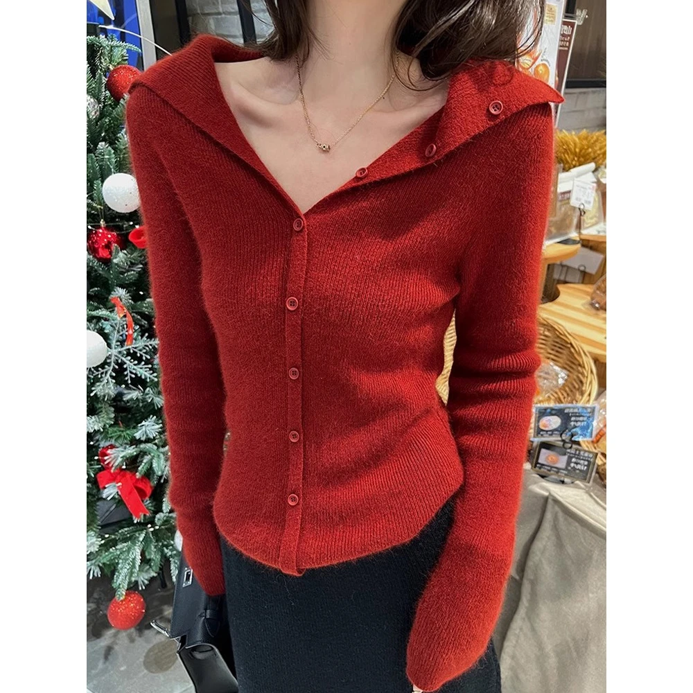 开衫外套红色领长袖内搭针织衫女新款秋冬季设计感修身针织上衣