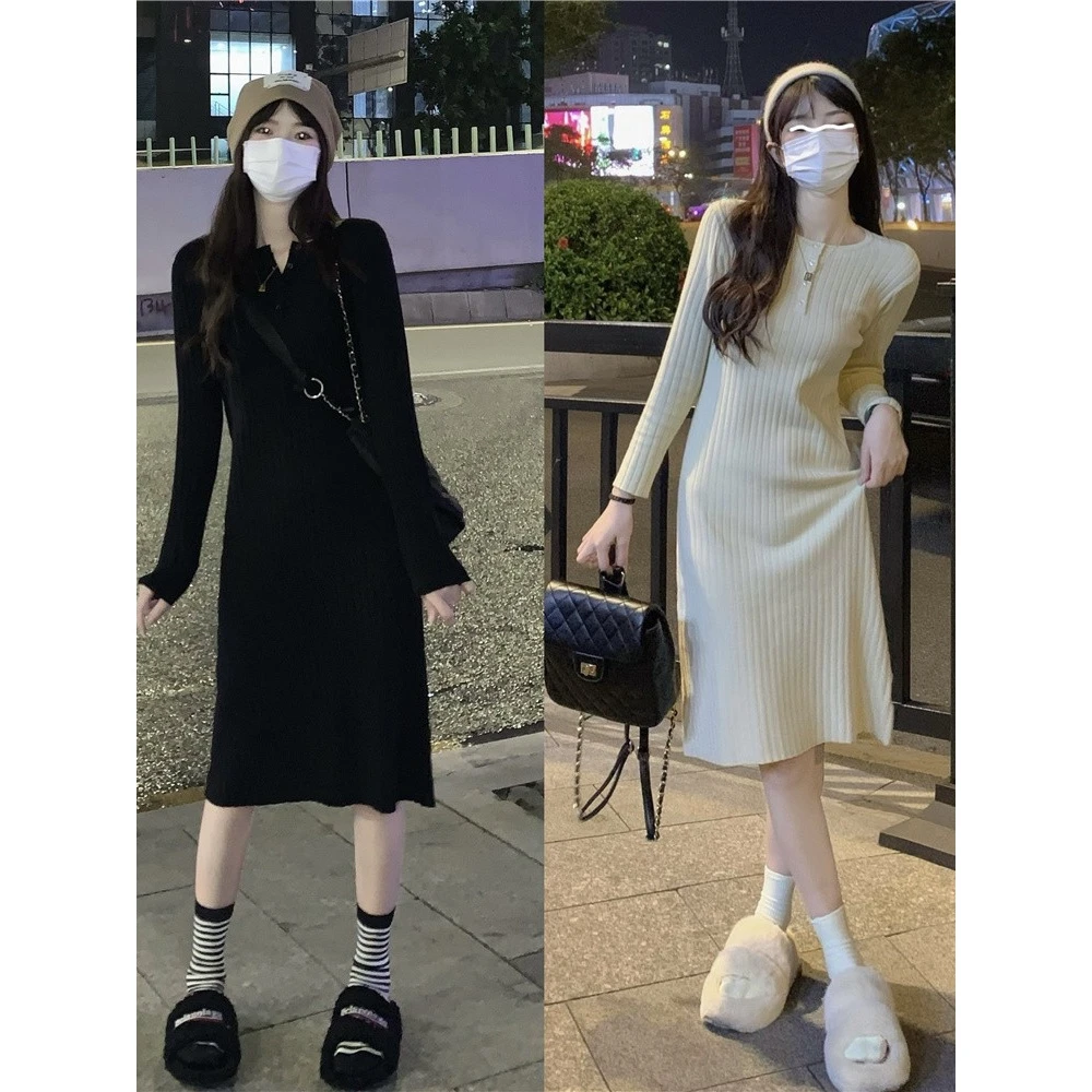 小白裙小黑裙毛衣裙女秋冬中长款过膝针织连修身内搭长袖打底气质