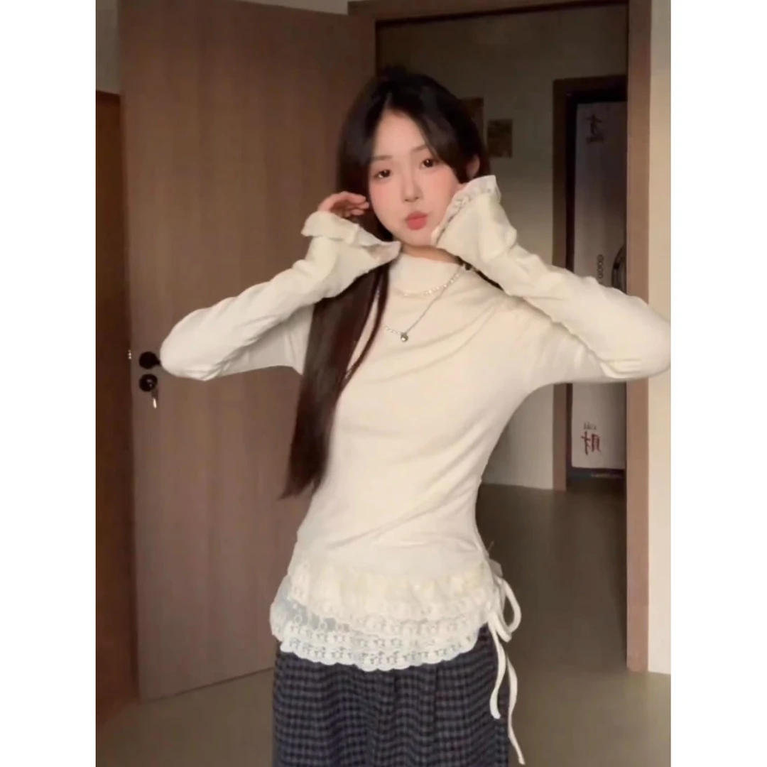 辣妹洋气独特德绒双层蕾丝半高领长袖T恤女秋冬修身抽绳内搭上衣