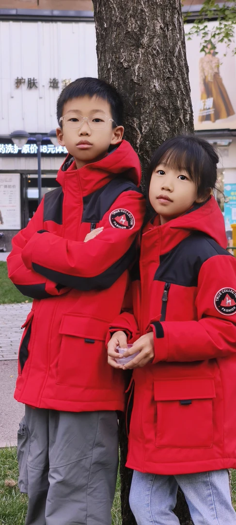 北大培文同款、中国红儿童羽绒服中长款男童女童户外防风保暖外套