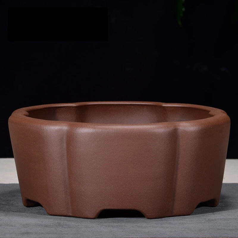 壶盆皆友宜兴紫砂花盆手工精品盆景盆老桩中型本色紫泥抽角六方盆