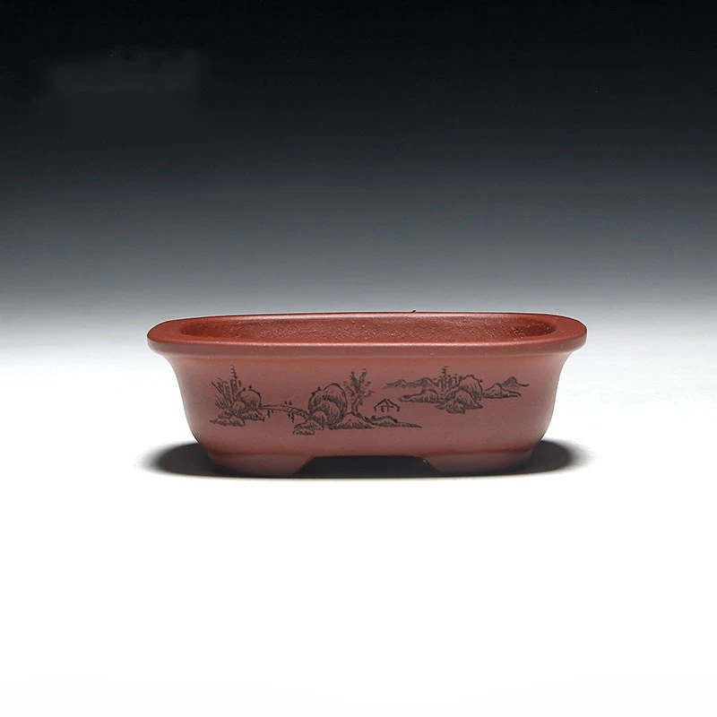 壶盆皆友宜兴精品手工微小型迷你掌上紫砂花盆长方型刻画微型马槽