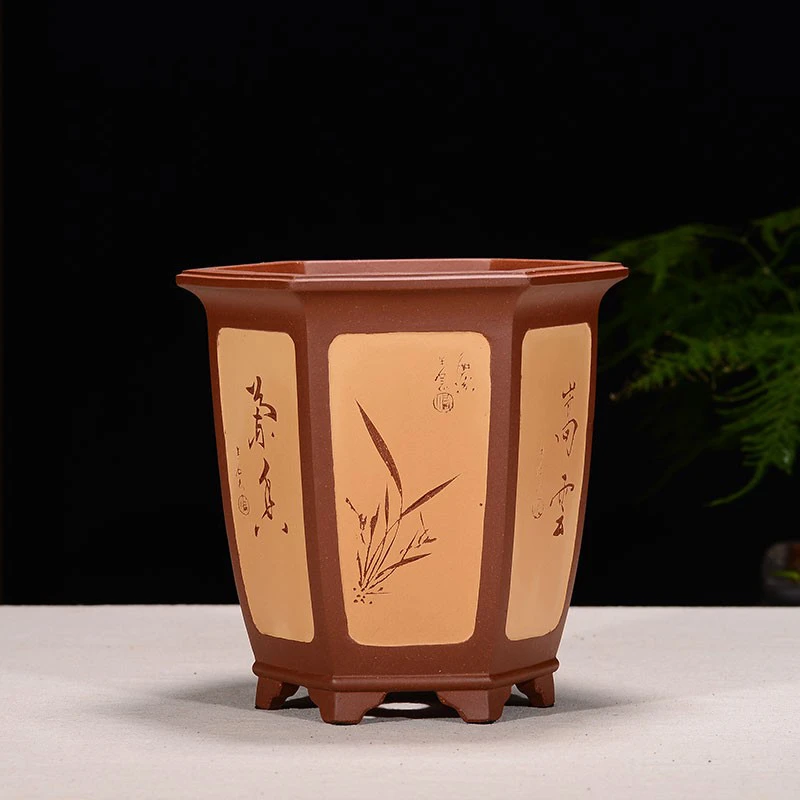 壶盆皆友精品潘涛紫砂花盆兰花专用盆六方粉桨刻绘台面桌面凹奎盆