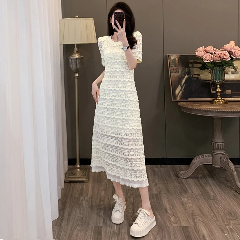 夏季法式蕾丝裙子收腰显瘦气质长裙白色复古时尚连衣裙甜美修身