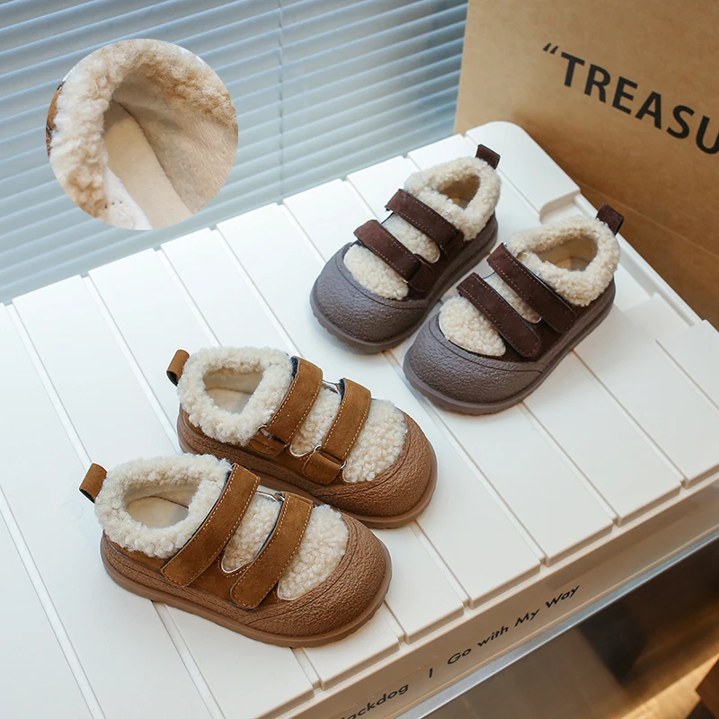 女童棉鞋儿童复古百搭加绒毛毛鞋秋冬季宝宝加厚休闲豆豆鞋时尚