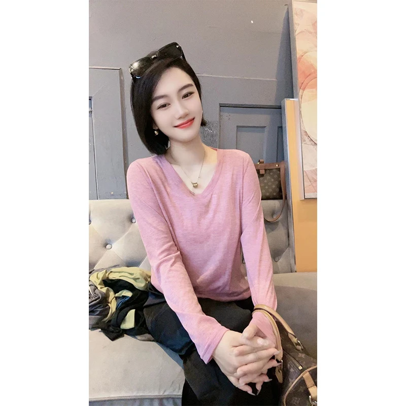 大喜服饰✔️原创气质纯色秋冬新款V领长袖T恤简约百搭上衣女显瘦潮