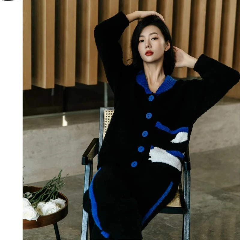 蓄热型冬季新款开衫睡衣女撞色半边绒保暖厚家居服套装家居可外穿