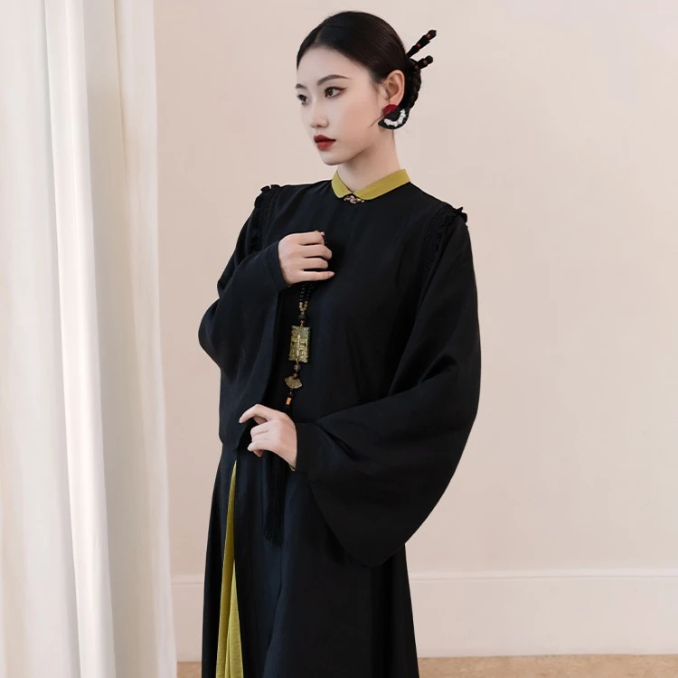 随时anytime 行简原创汉元素春装女2023年新款黑色国风连衣裙女款