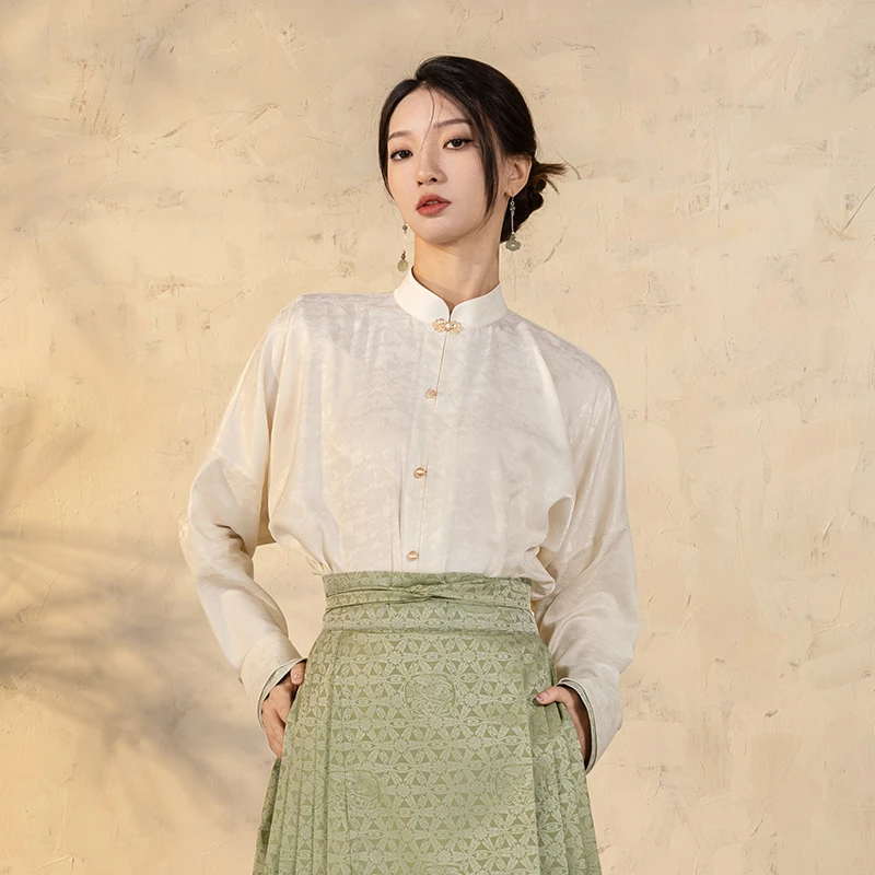 随时anytime 春涧国风新中式白色衬衫上衣女