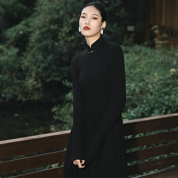 随时anytime 流月原创汉元素新中式改良汉服黑色国风连衣裙女春冬