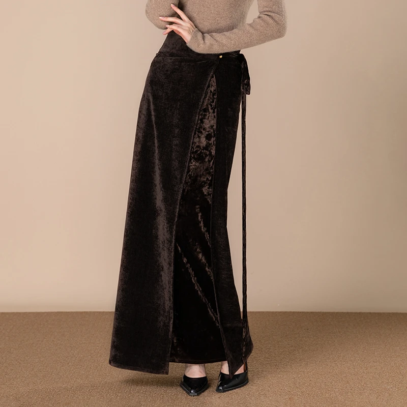 随时anytime 鎏金国风改良旋裙高腰长款半身裙黑色