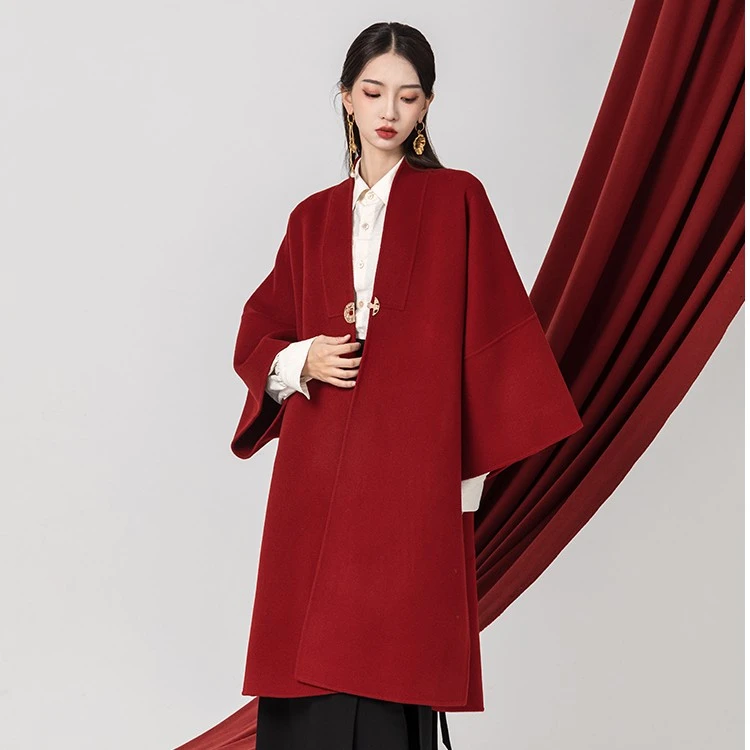 随时anytime 未央新中式改良汉服红色双面毛呢秋冬季大衣外套女