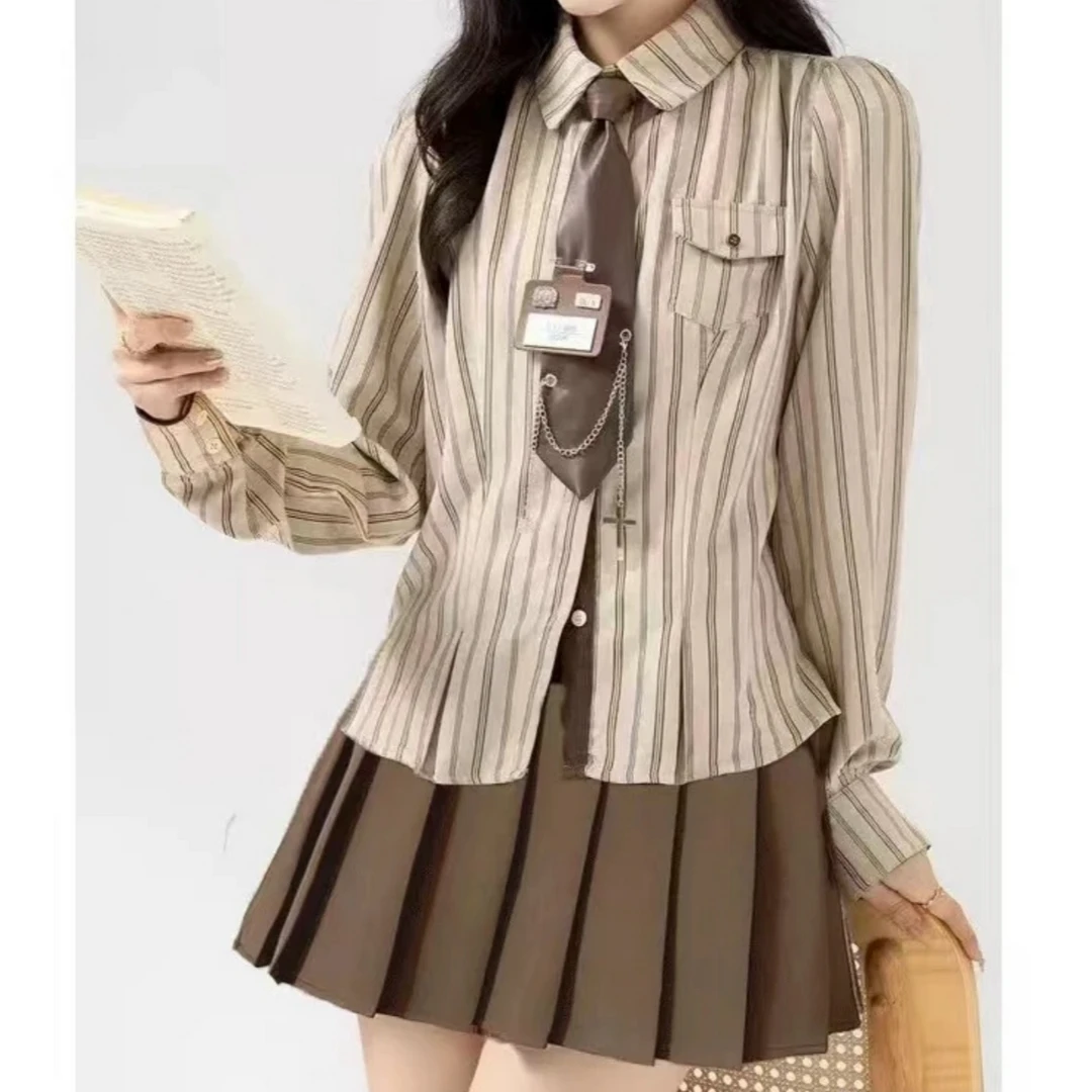 2024春秋新款复古条纹Polo领长袖衬衫女设计感学院风上衣衬衣-810