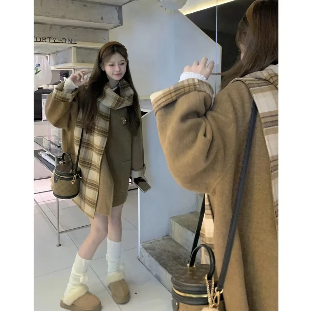 2024秋冬新款焦糖可可毛呢大衣外套女中长款格子慵懒7055