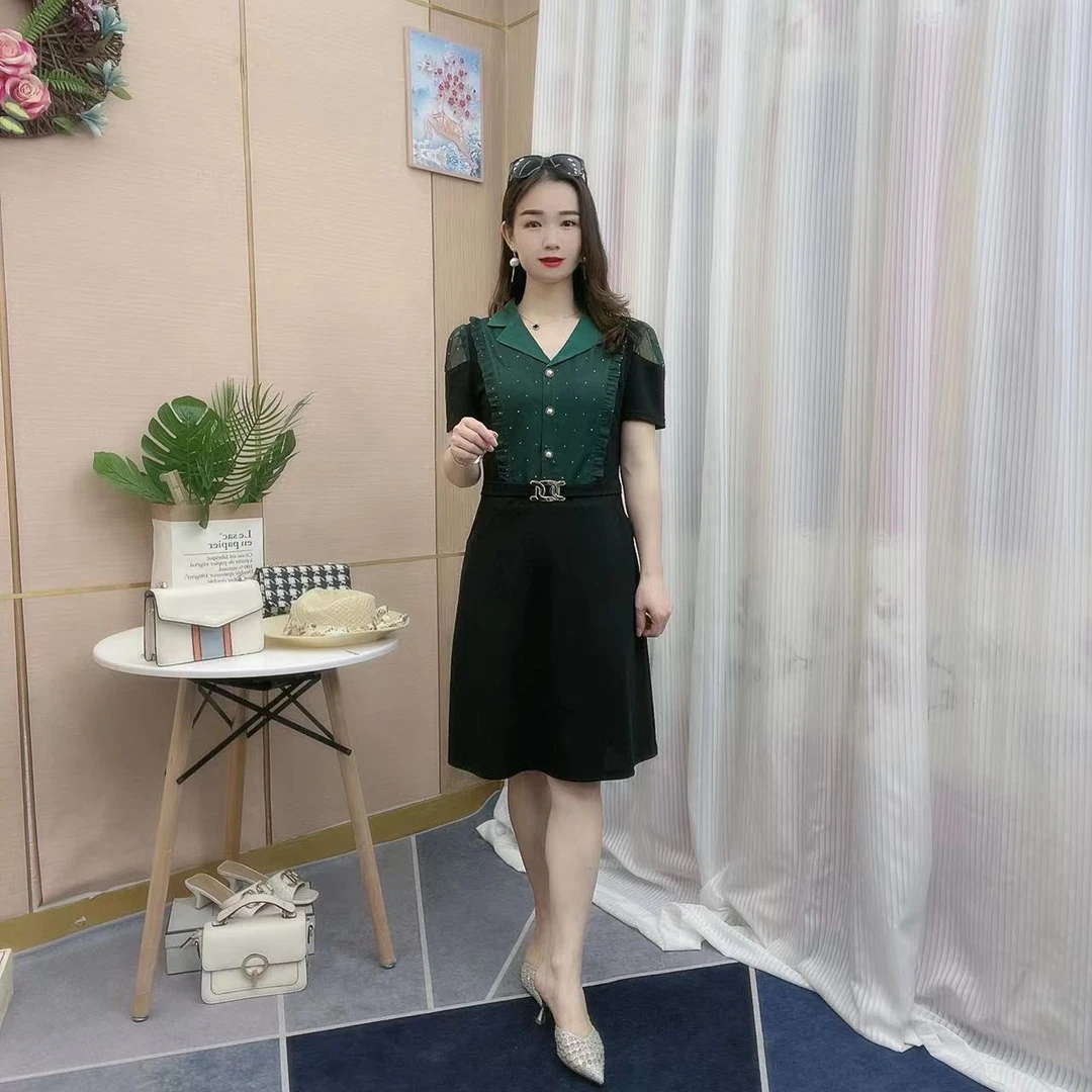 【断码福利】夏季显瘦女装时尚气质西装领针织拼接显瘦有连衣裙1148
