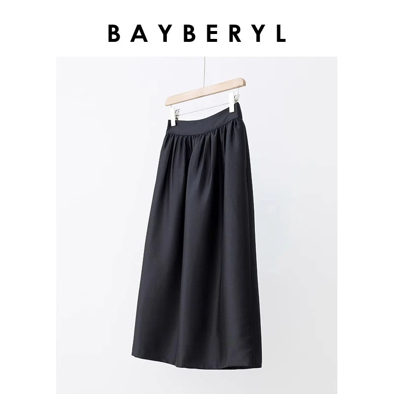 现货BAYBERYL老贝丝毛黑色气质细褶高腰A字半身裙YQ3E0827