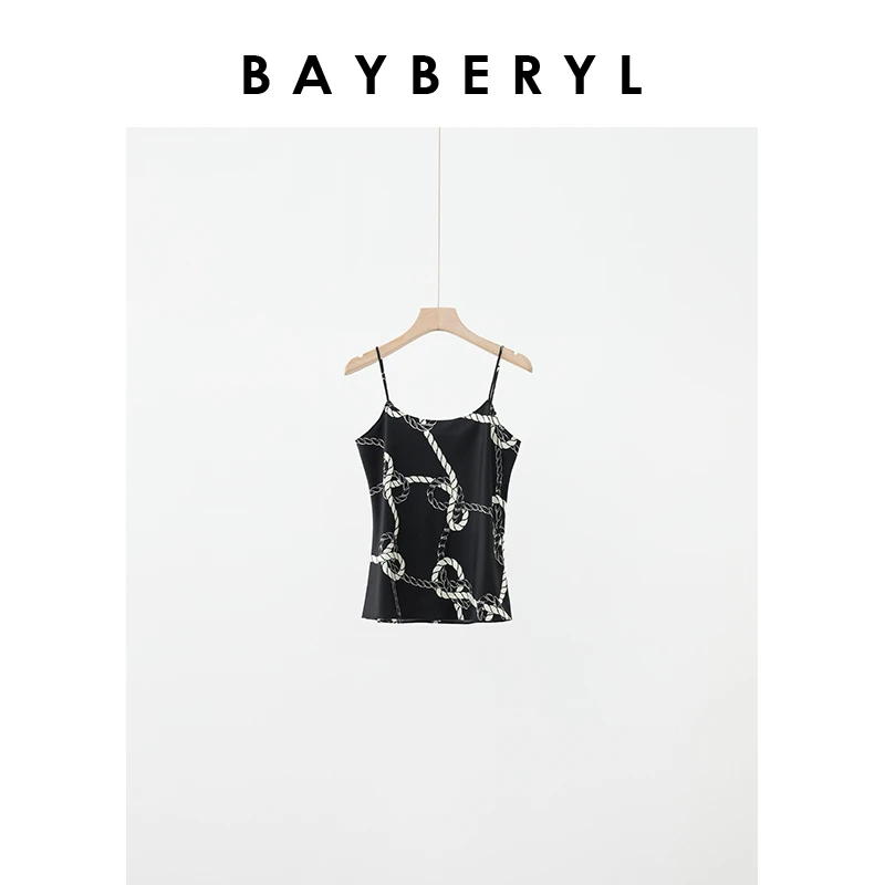 Z5-BAYBERYL老贝绳结吊带印花黑色复古百搭夏真丝背心DD4C0901
