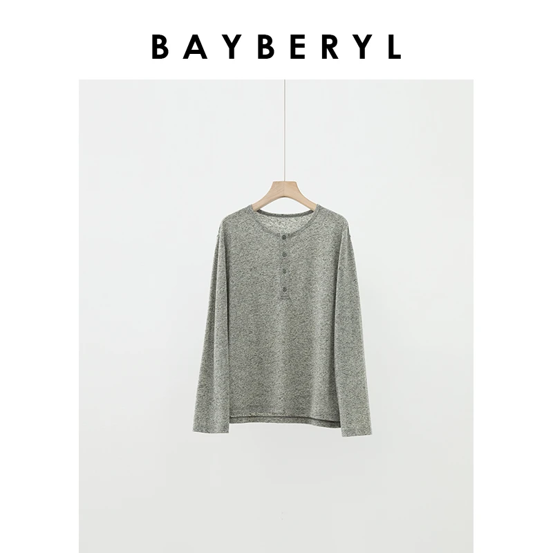 BAYBERYL老贝芝麻点*亨利领宽松舒适百搭夏长袖T恤NT4E1704
