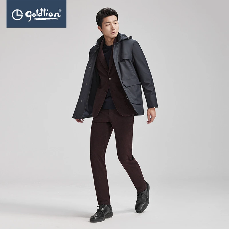 Goldlion/金利来【易打理】秋冬男士休闲中长款可拆卸帽夹克外套
