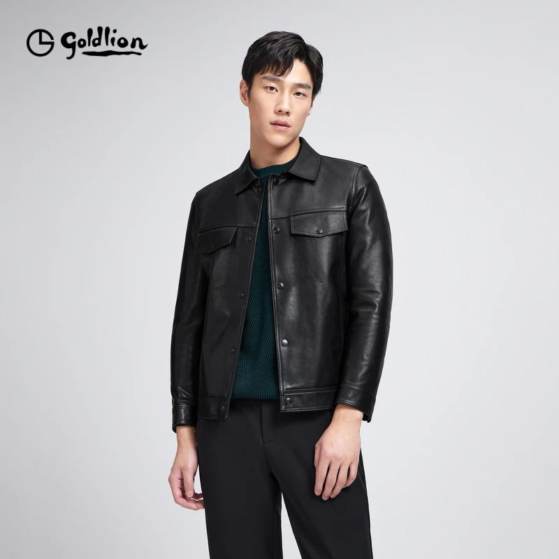 金利来【雷军同款穿搭】秋冬新款男士皮衣翻领单排扣夹克外套男