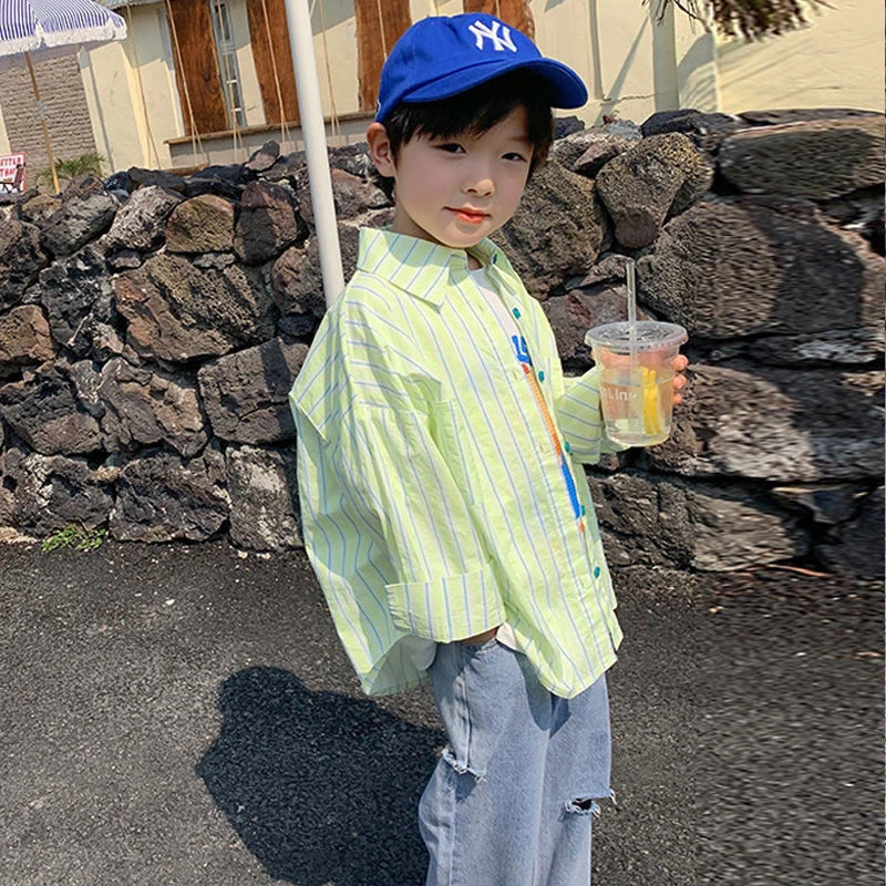 男童长袖条纹衬衫2025夏季新款儿童时尚百搭帅气男孩薄款上衣外套